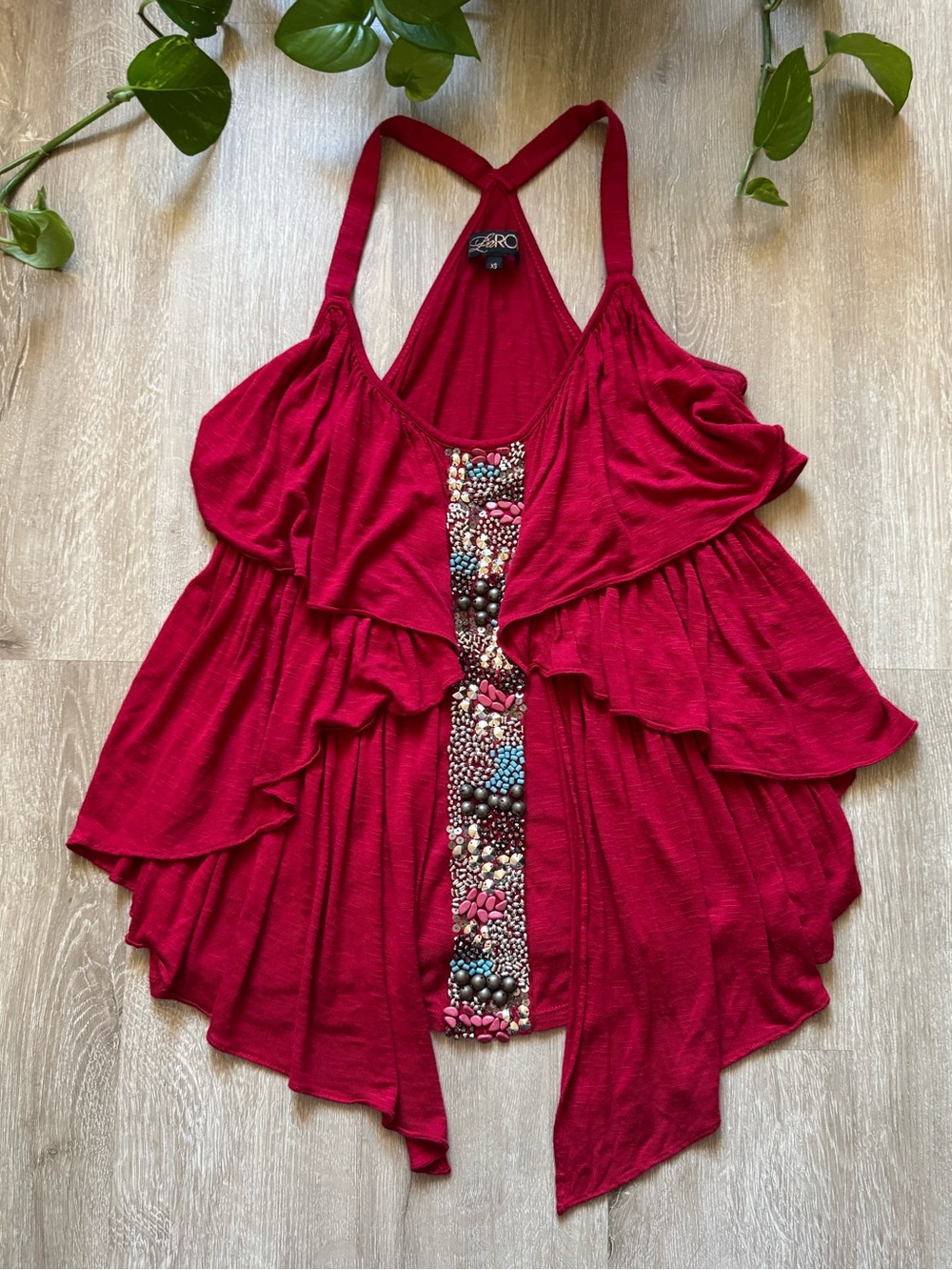 VTG Y2K Red Beaded Ruffle Halter Top – Boho Glam Fairycore Statement